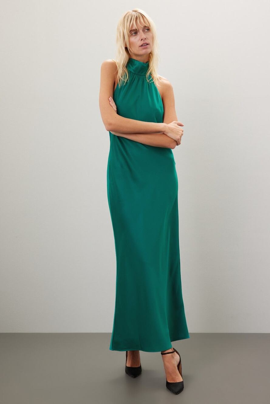 FAVIANA Green Satin Sleeveless Halter Neck Thigh-High Side Slit Gown Dress sz 14